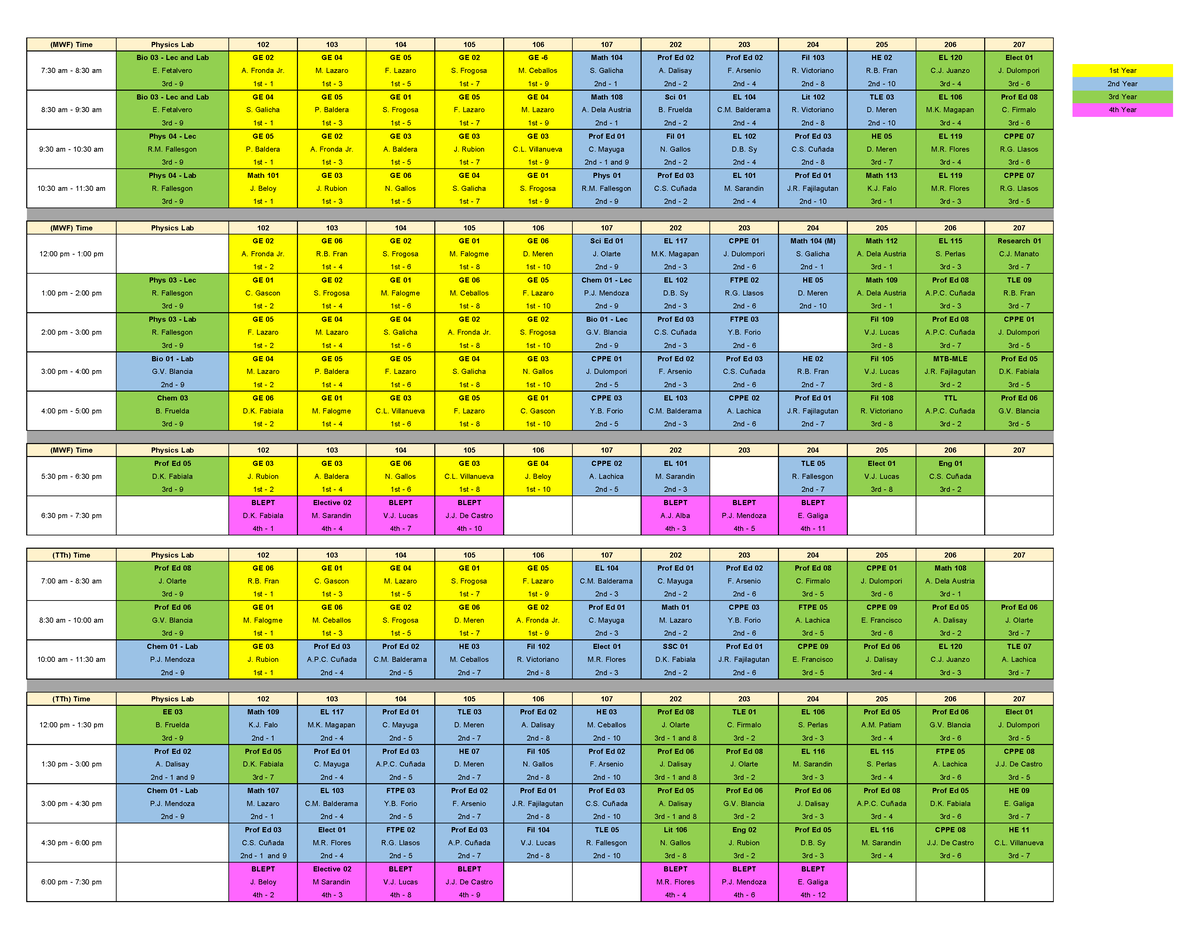 Schedule - (MWF) Time Physics Lab 102 103 104 105 106 107 202 203 204 ...