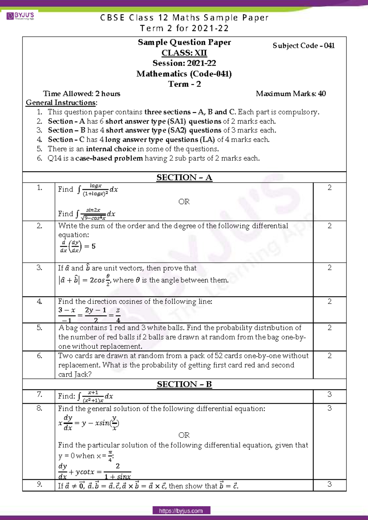 CBSE Class 12 Maths Sample Paper Term 2 for 2021 22 - Sample Question ...