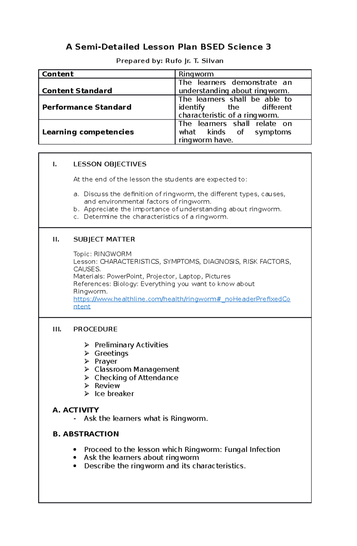 Lesson-PLAN Ringworm - Sample Semi-detailed Lesson Plan - A Semi ...