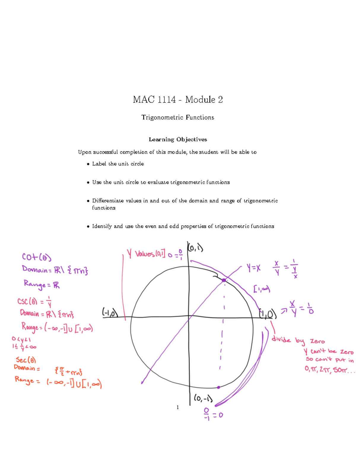 Module 2 Lecture Notes Mac 1114 Module 2 Trigonometric Functions Learning Objectives Module 2 Lecture Notes Mac 1114 Module 2 Trigonometric Functions Learning Objectives
