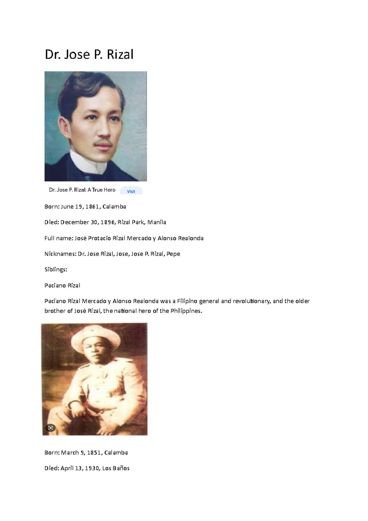 Dr Jose P Rizal Lecture Notes And Assignment Dr Jose P Rizal 