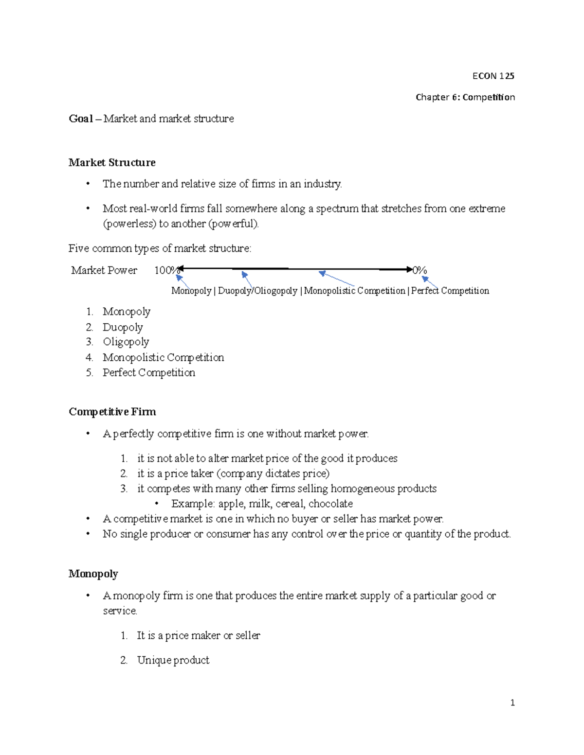 Ch 6- Lecture Notes - ECON 125 Chapter 6: Competition Goal – Market and ...