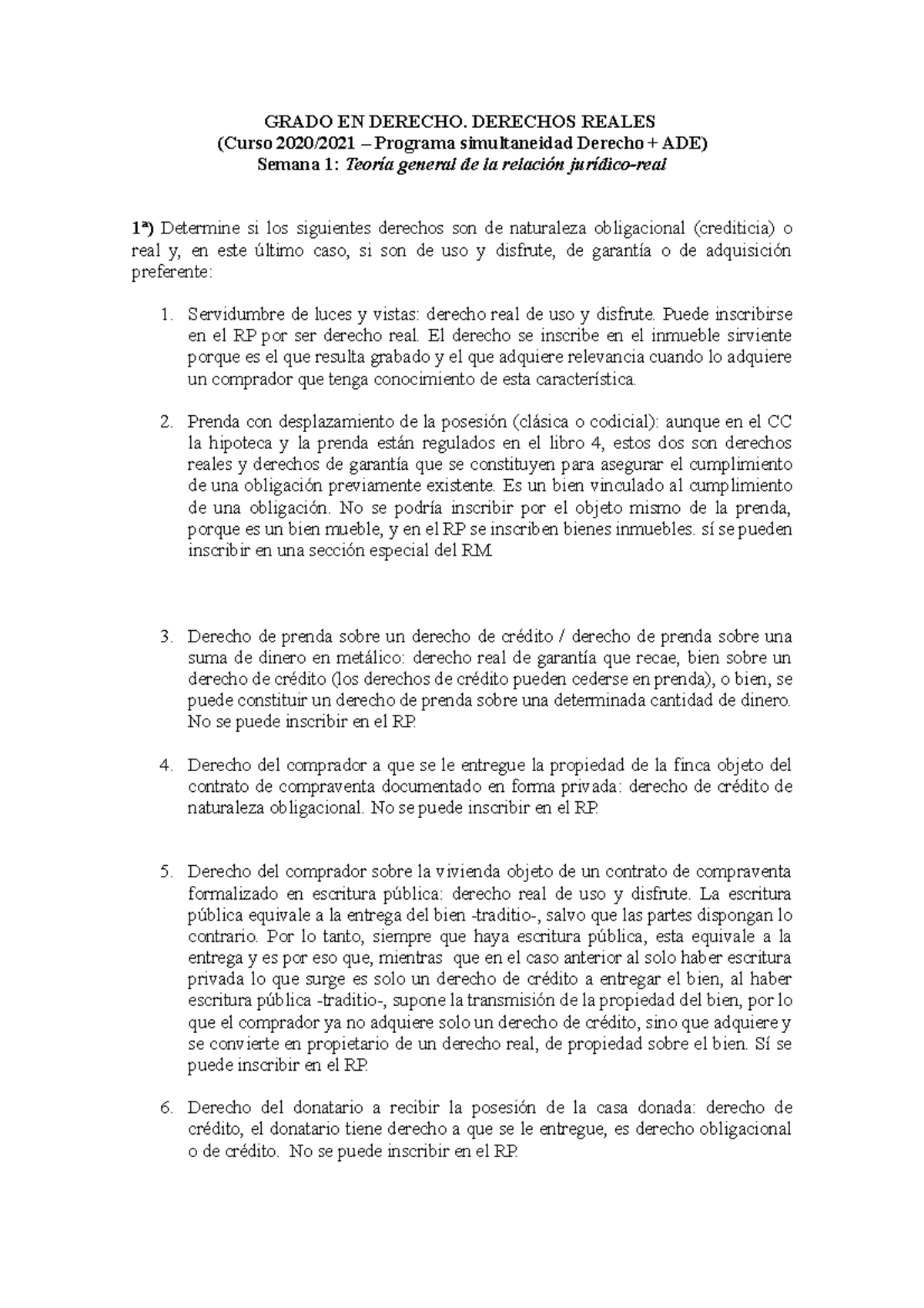 Derechos Reales. Semana 1 (Concepto de derecho real) GRADO EN DERECHO