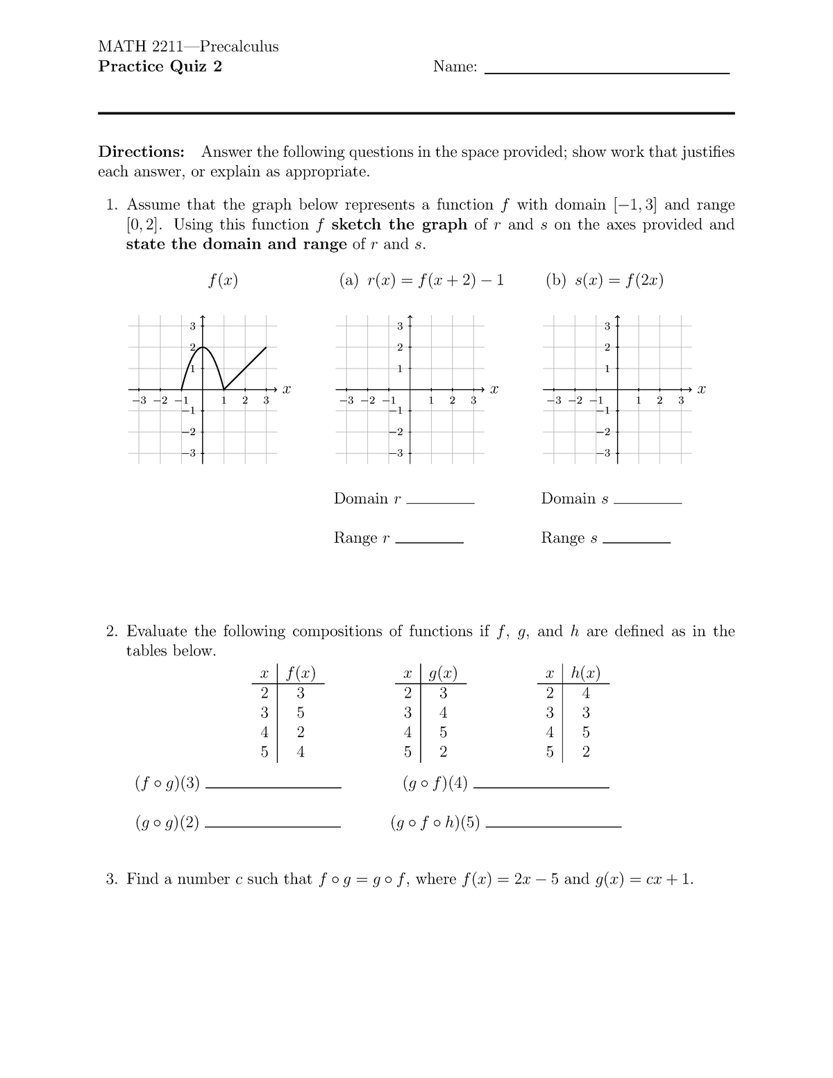 2211 Q2p - math hw - MATH 2211—Precalculus Practice Quiz 2 Name ...