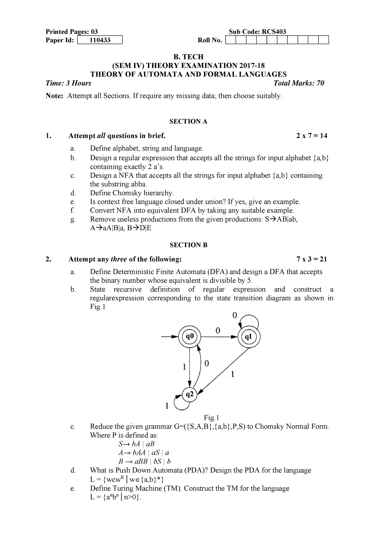 Theory OF Automata Formal Languages RCS403 - Printed Pages: 03 Sub Code ...