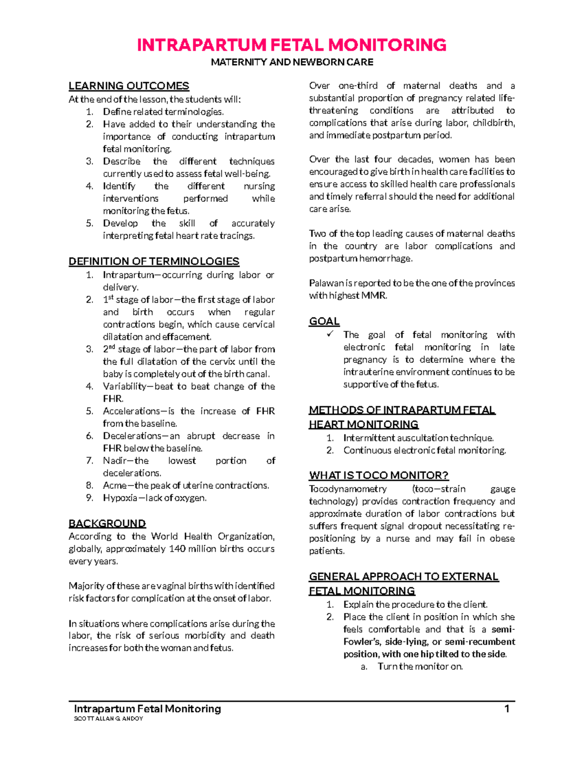 Intrapartum Fetal Monitoring - INTRAPARTUM FETAL MONITORING MATERNITY ...