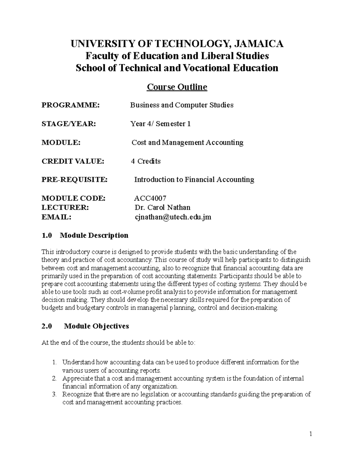 Cost and management Accounting 2019 2020 Course Outline UNIVERSITY