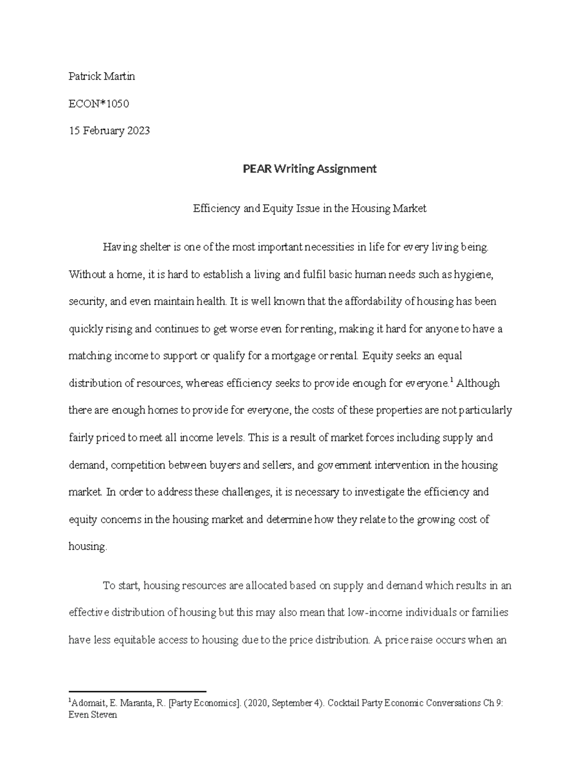 ECON 1050DE – PEAR Writing Assignment - Patrick Martin ECON* 15 ...