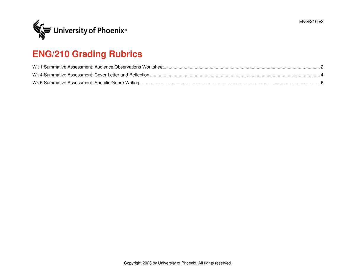 Eng210 V3 Grading Rubrics - ENG/210 Grading Rubrics ENG/210 V Wk 1 ...