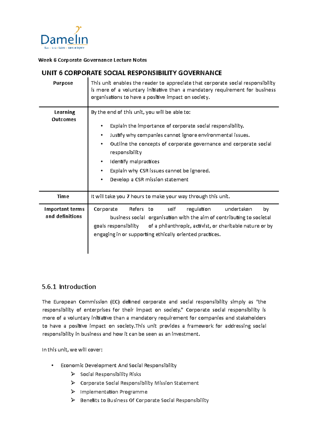 CORPORATE SOCIAL RESPONSIBILITY GOVERNANCE - Learning Outcomes By the ...
