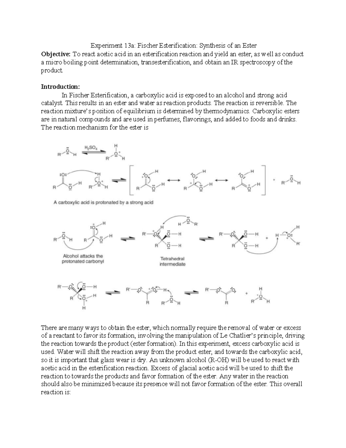 Experiment 13 Report - Experiment 13a: Fischer Esterification ...
