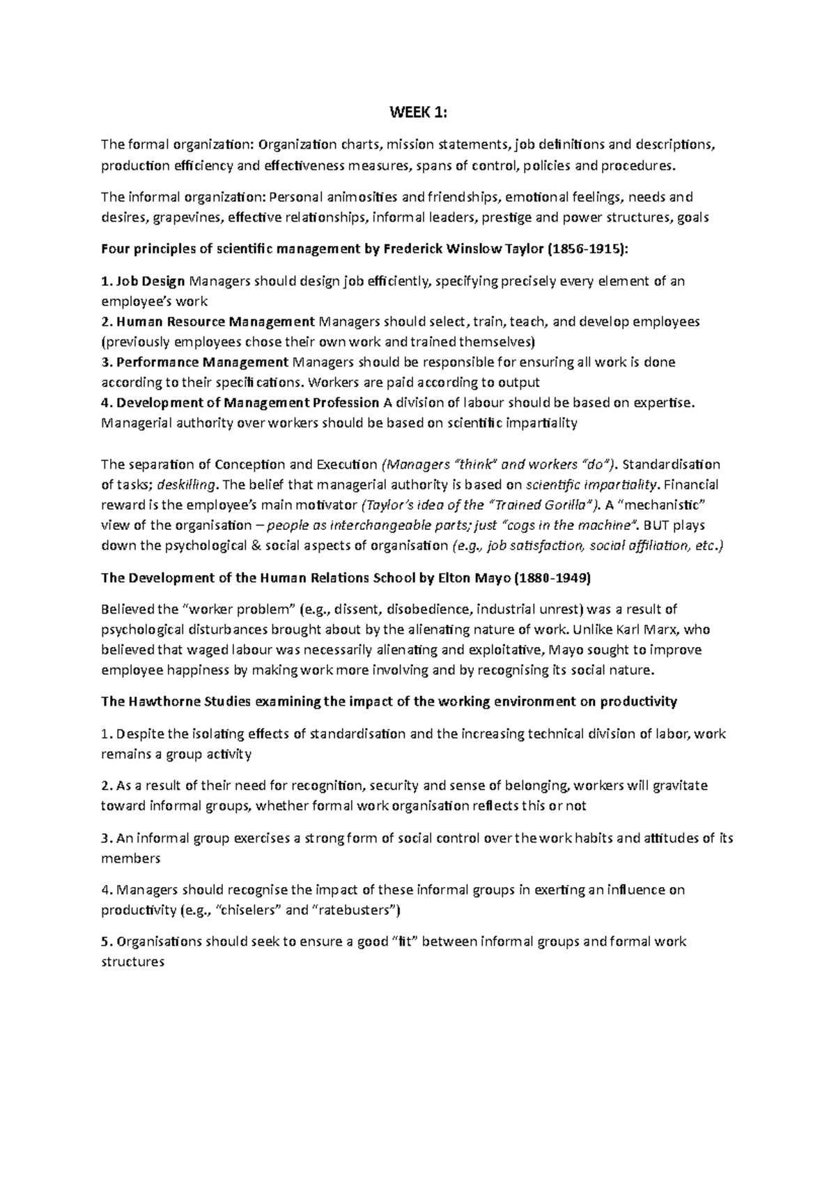 OB WEEK 1 NOTES - WEEK 1: The formal organization: Organization charts ...