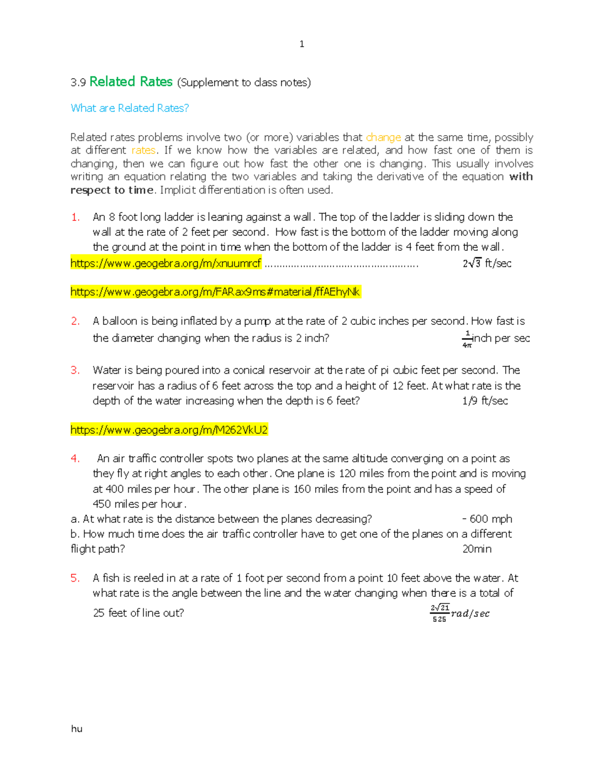 3.9 RR S N in - AP Calculus AB Notes By Unit - 1 hu 3 Related Rates ...
