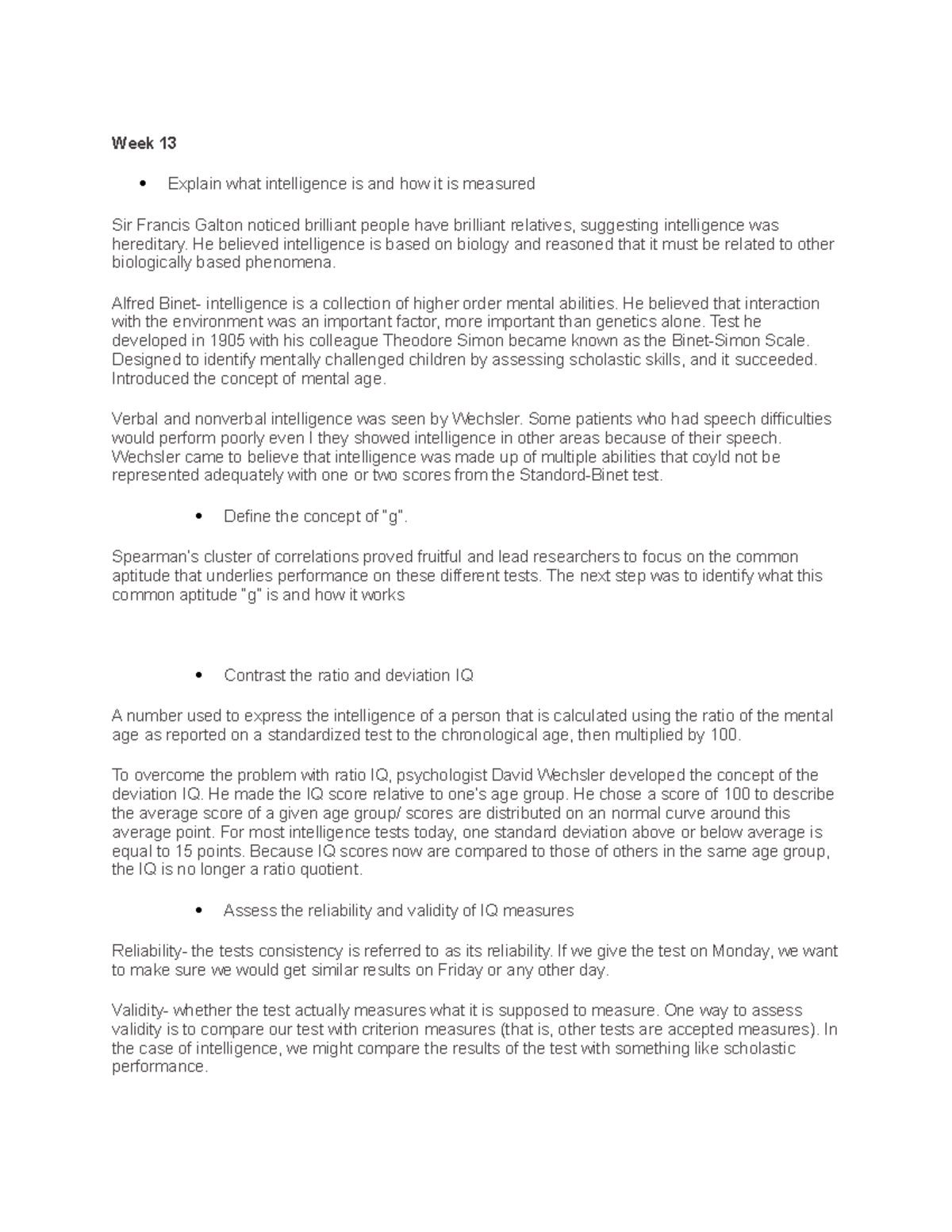 Psych learning objectives - Week 13  Explain what intelligence is and how  it is measured Sir - StuDocu