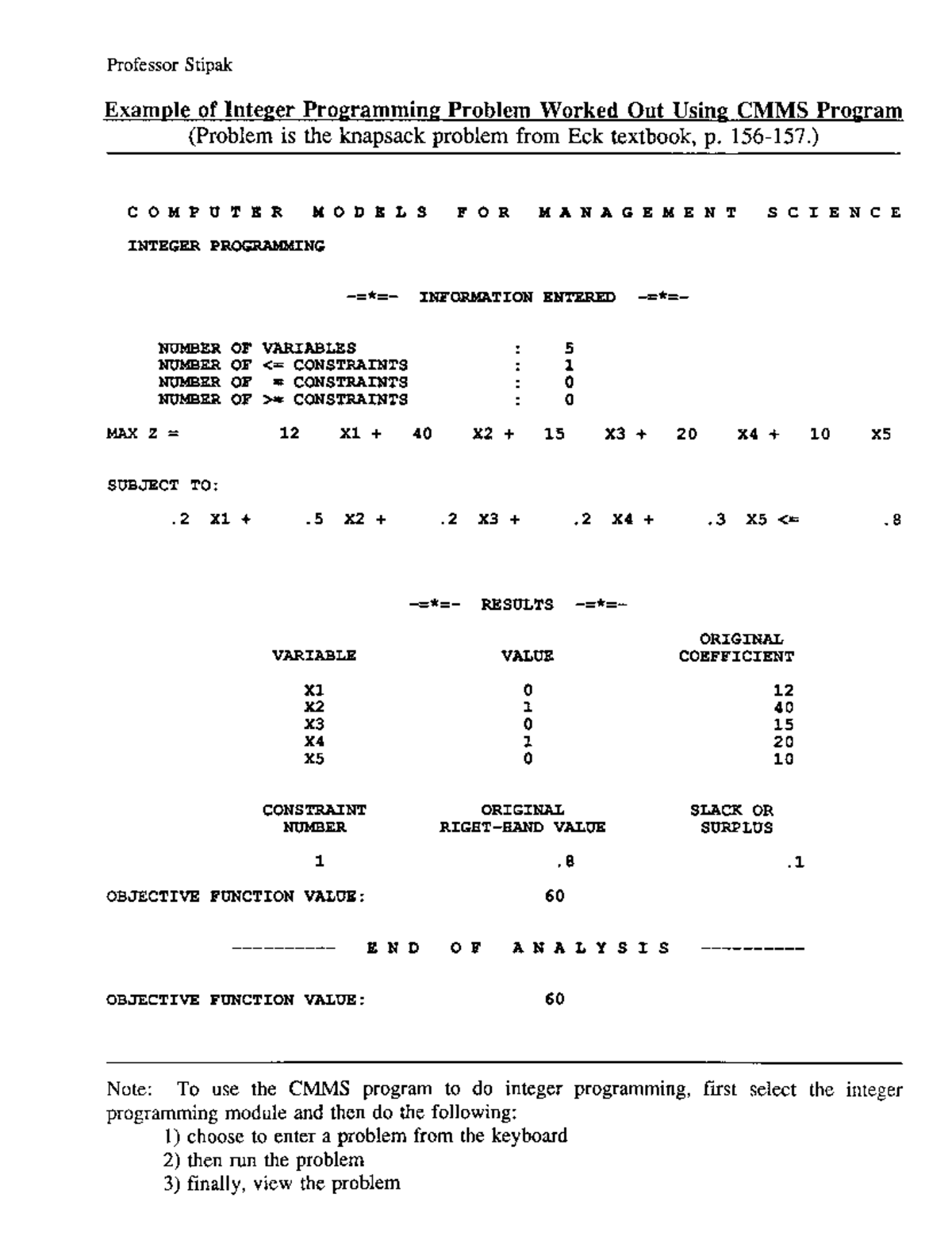For - branch and bound slides - Professor Stipak Example of Integer ...