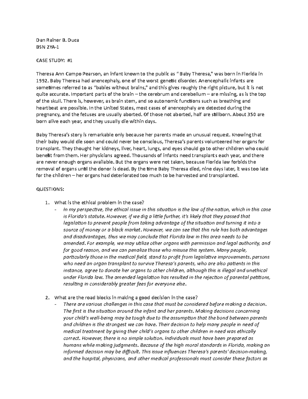Ethics - Dan Rainer B. Duca - Case study 1 - Dan Rainer B. Duca BSN 2YA ...