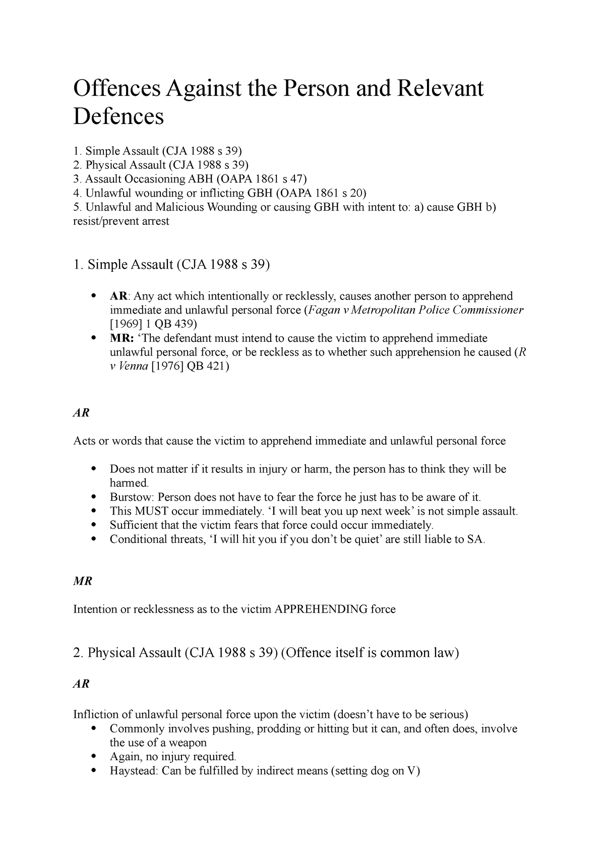 Offences Against The Person And Relevant Defences Factsheet - Offences ...