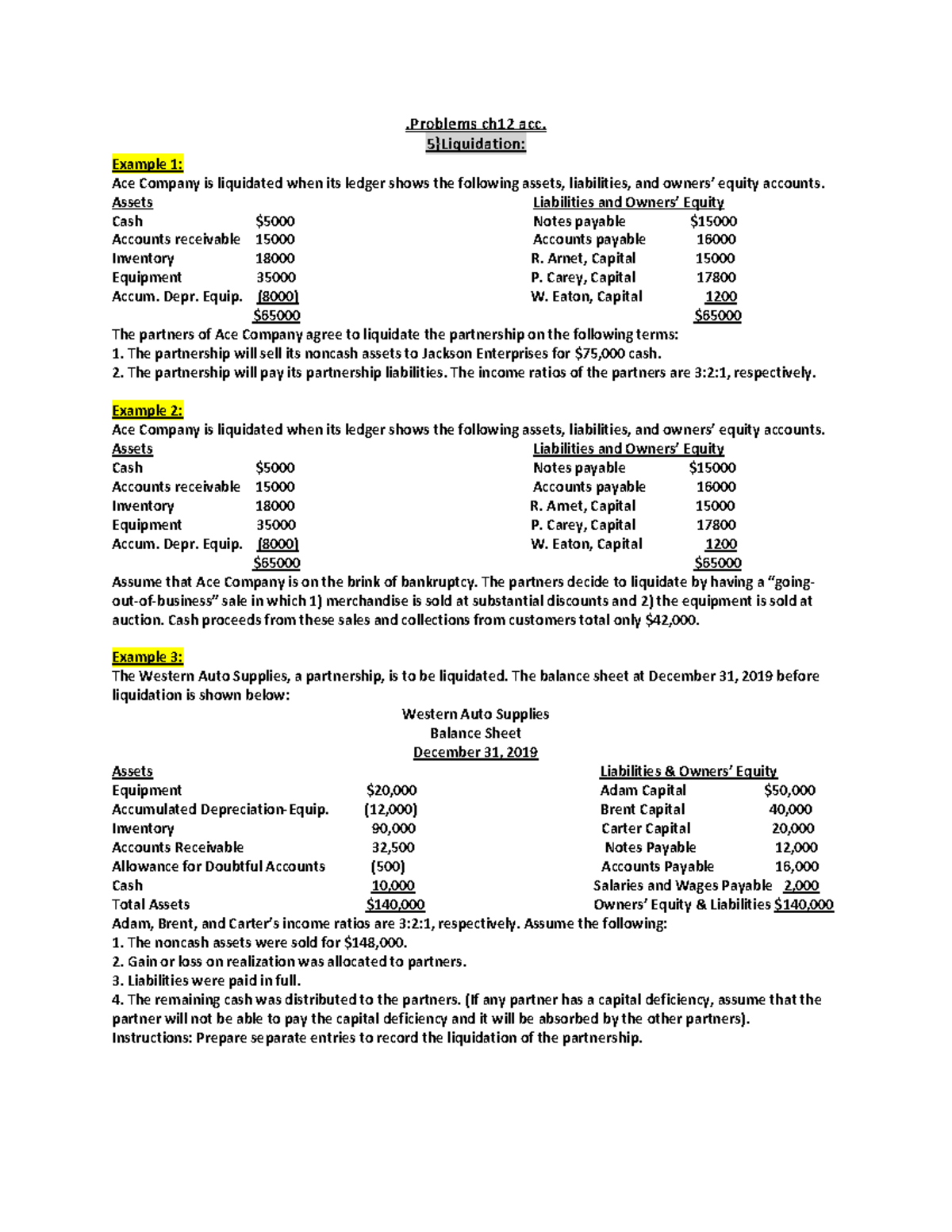 .Problems ch12 acc (Liquidation) - .Problems ch12 acc. 5}Liquidation ...