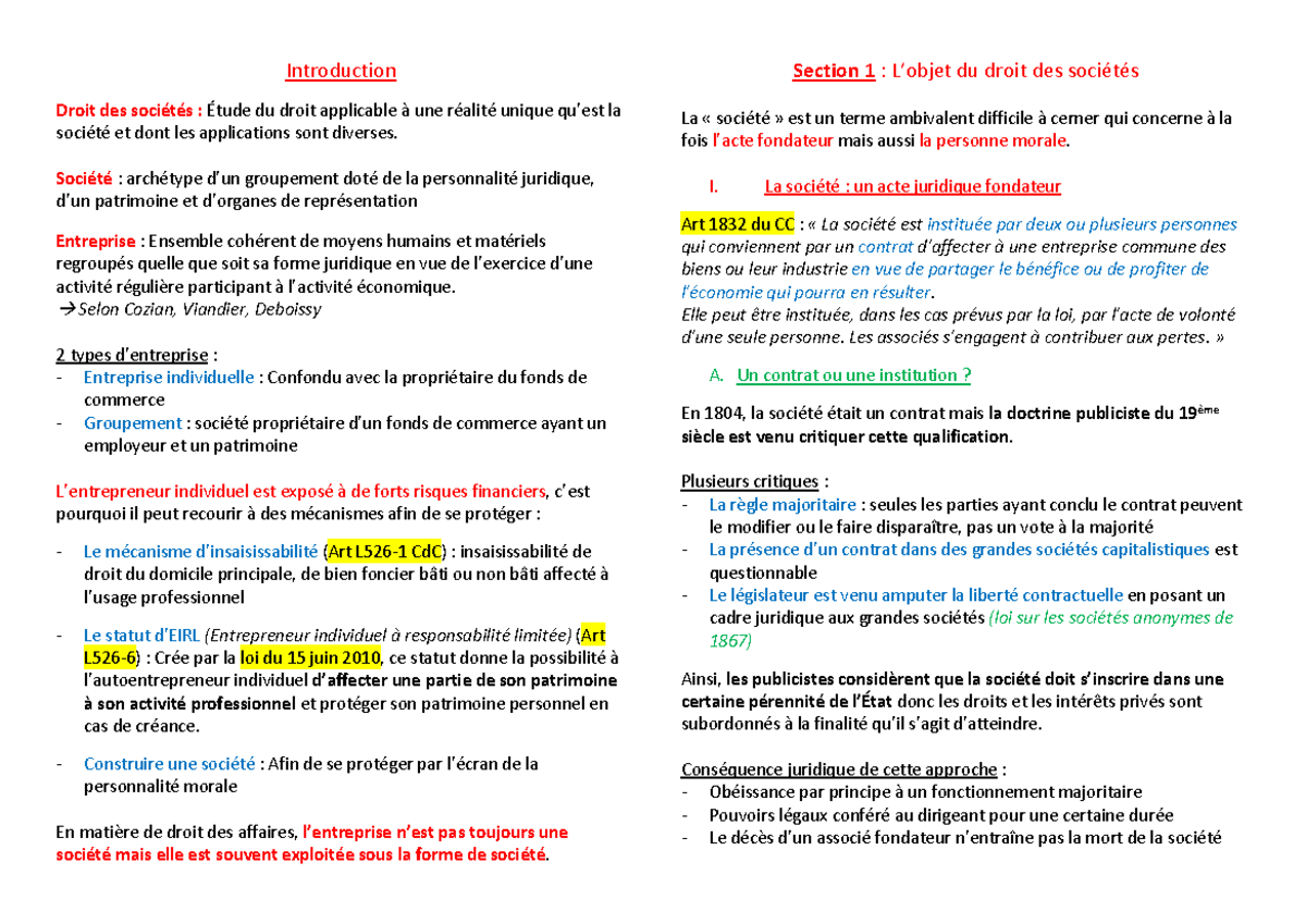Fiches droit des sociétés S5 - Introduction Droit des sociétés : Étude