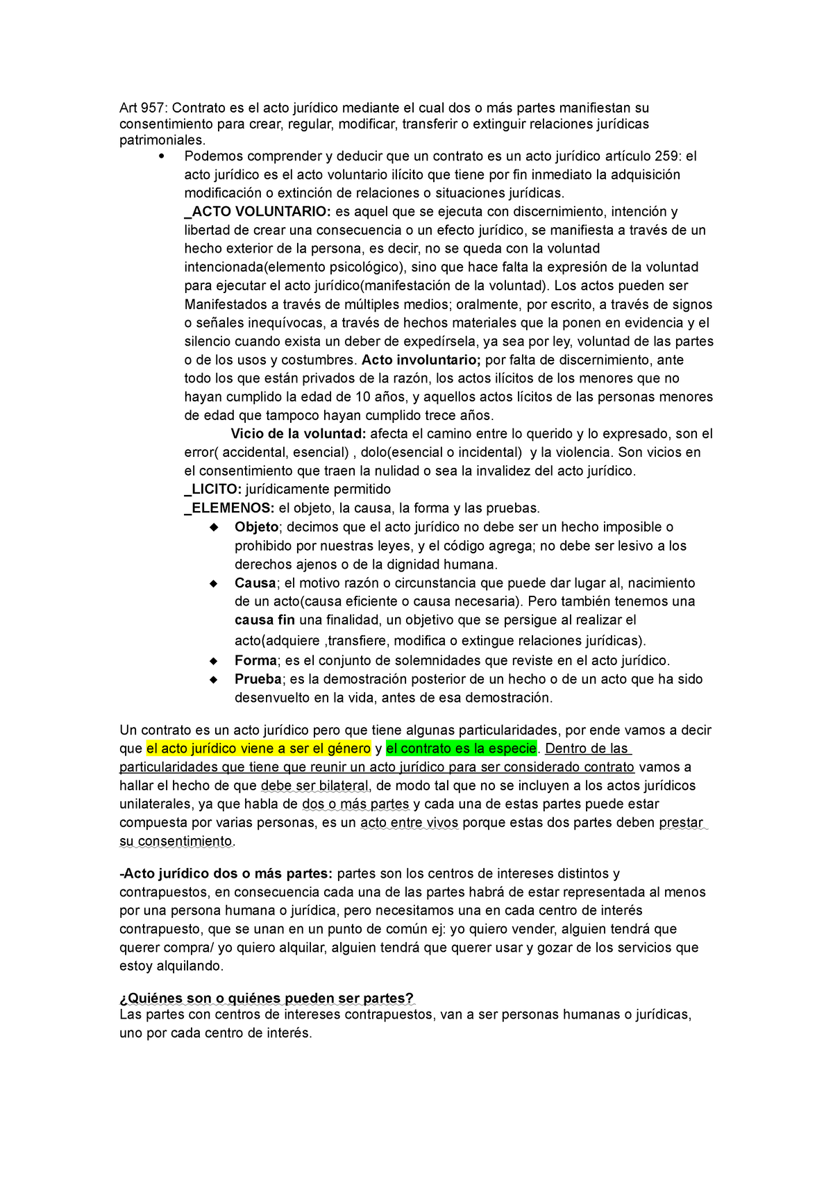 Resumen - Art 957: Contrato Es El Acto Jurídico Mediante El Cual Dos O ...