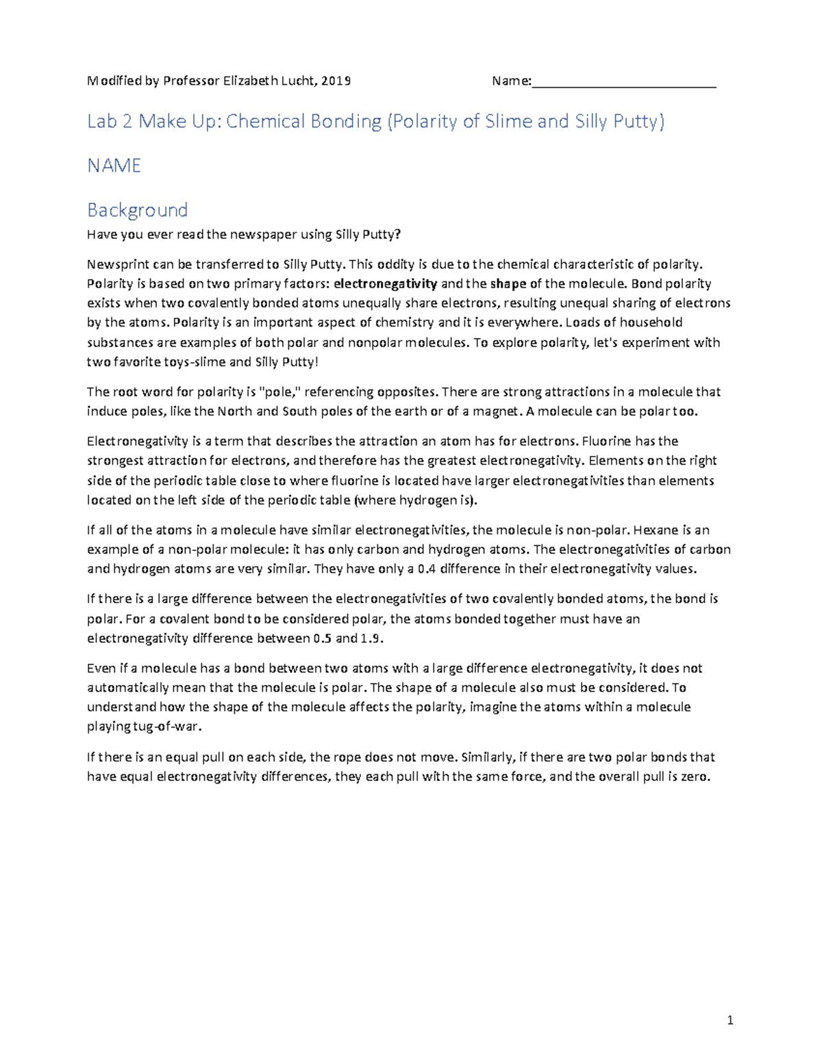 Lab 2 Chemistry Polarity of Slime and Silly Putty Modified by Professor Elizabeth Lucht, 2019