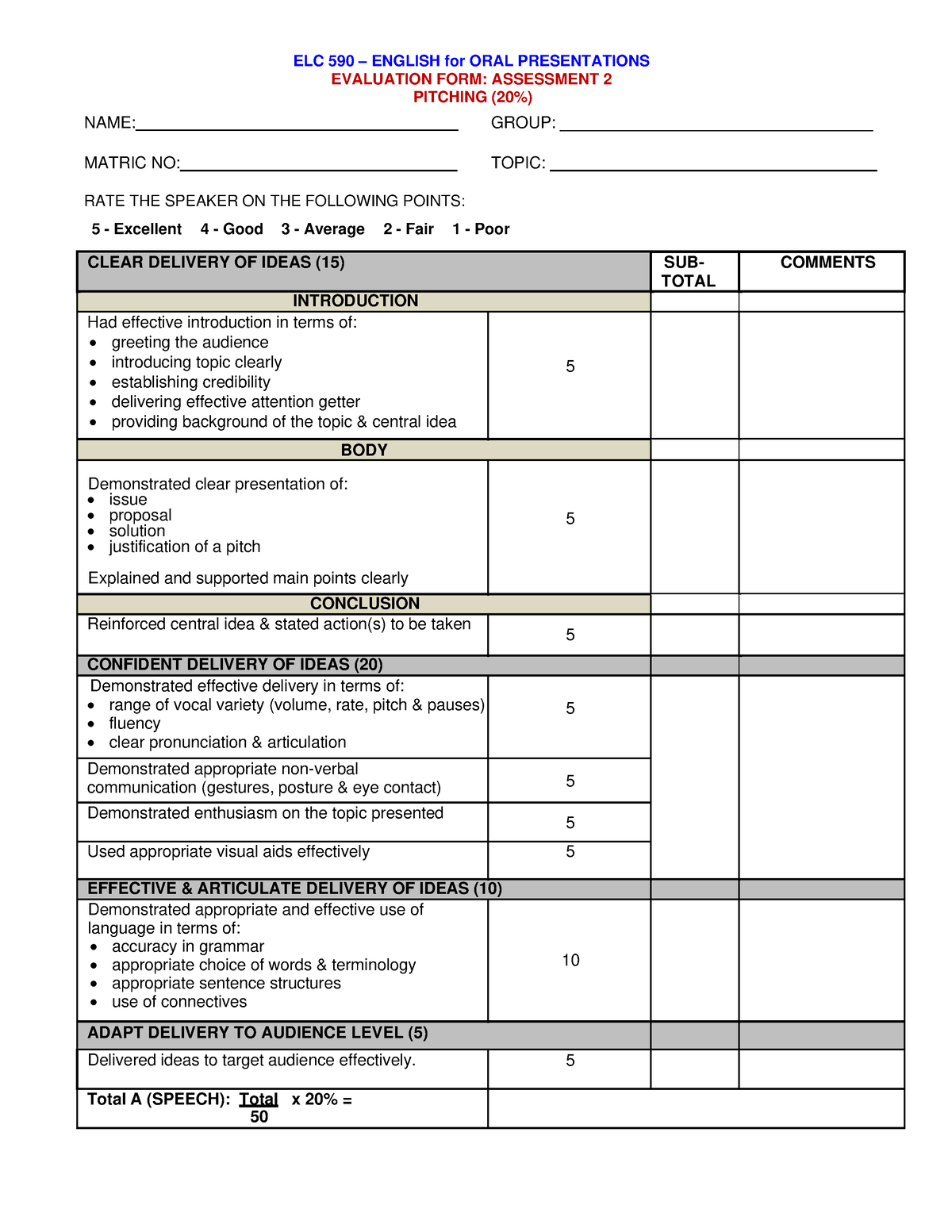 Pitching FORM - ELC 590 – ENGLISH for ORAL PRESENTATIONS EVALUATION ...