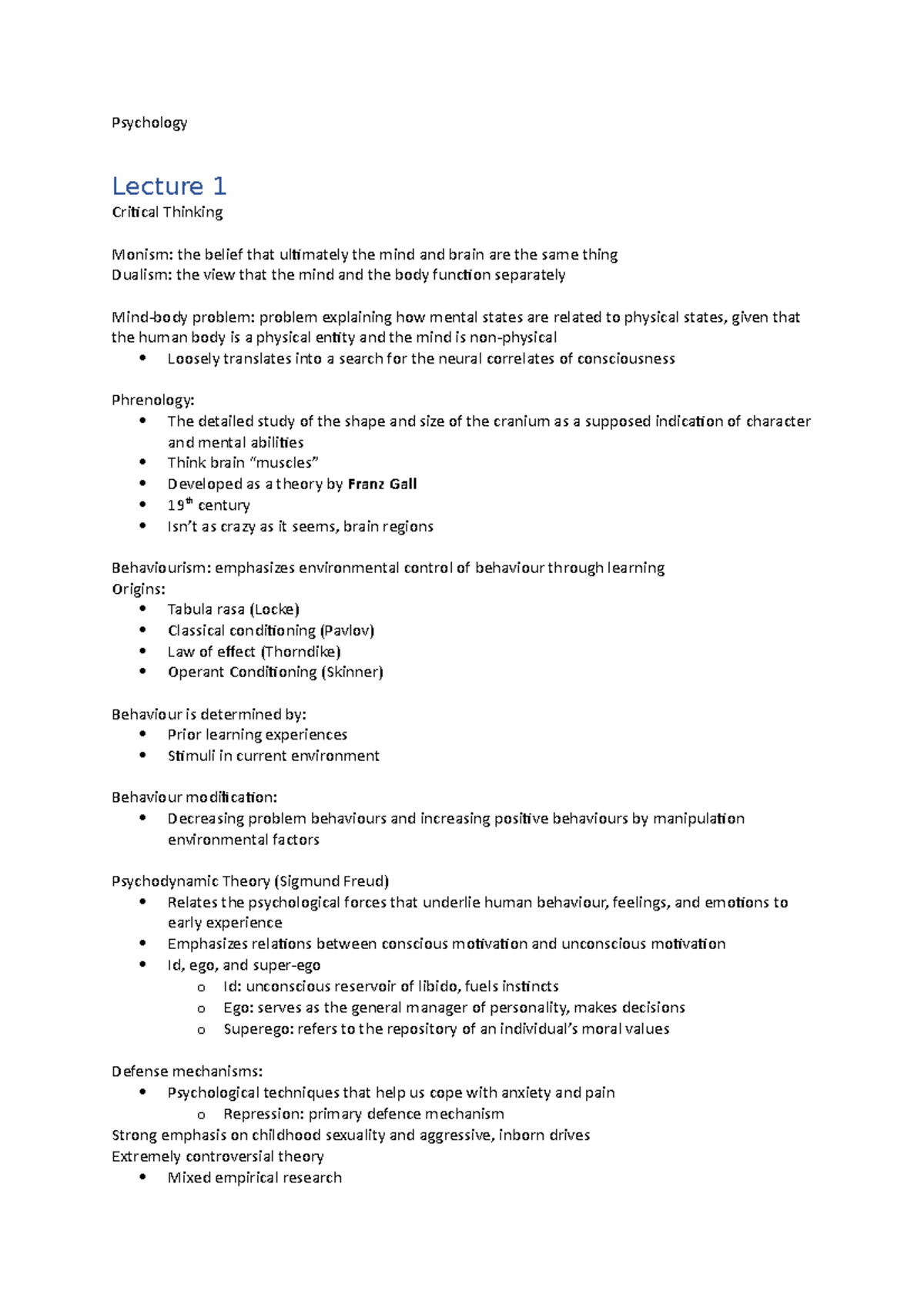 PSYC1101 Mind and Brain Notes - Psychology Lecture 1 Critical Thinking ...