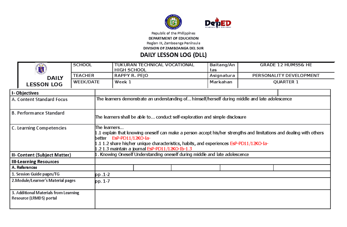 Perdev DLL Grade 12 - Republic of the Philippines DEPARTMENT OF ...
