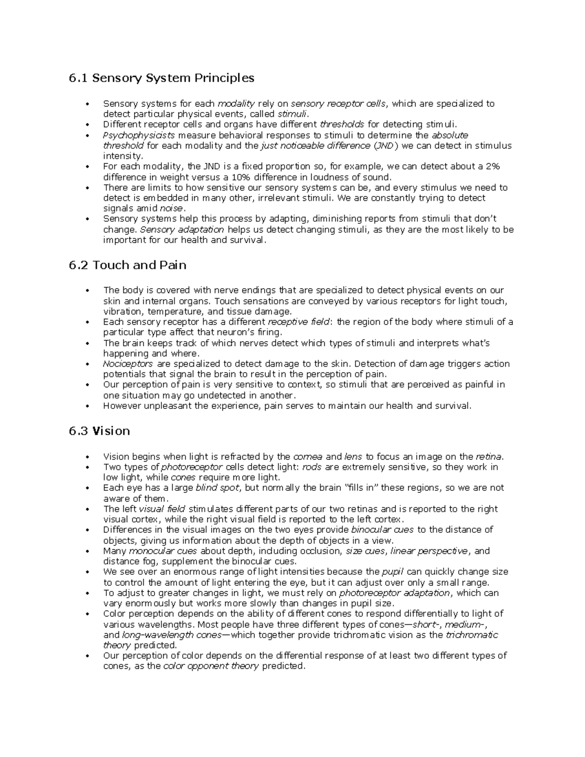 6 - notes - 6 Sensory System Principles Sensory systems for each ...