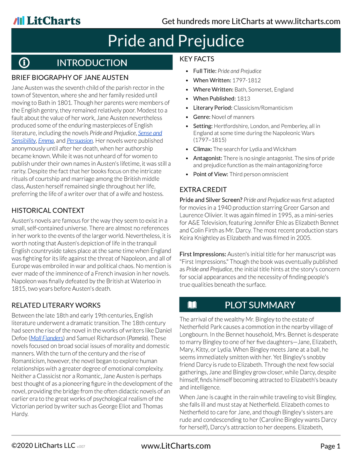 Pride and Prejudice Lit Chart - Pride and Prejudice BRIEF BIOGRAPHY OF ...