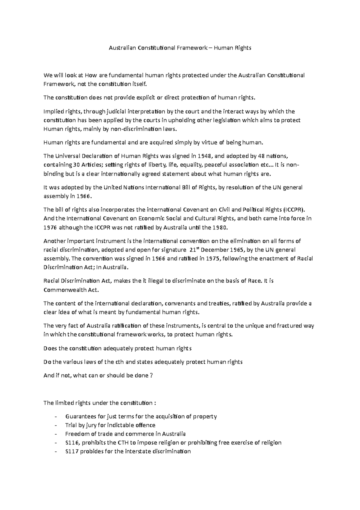 Human Rights Notes - Lecture 2 - Australian Consituional Framework ...