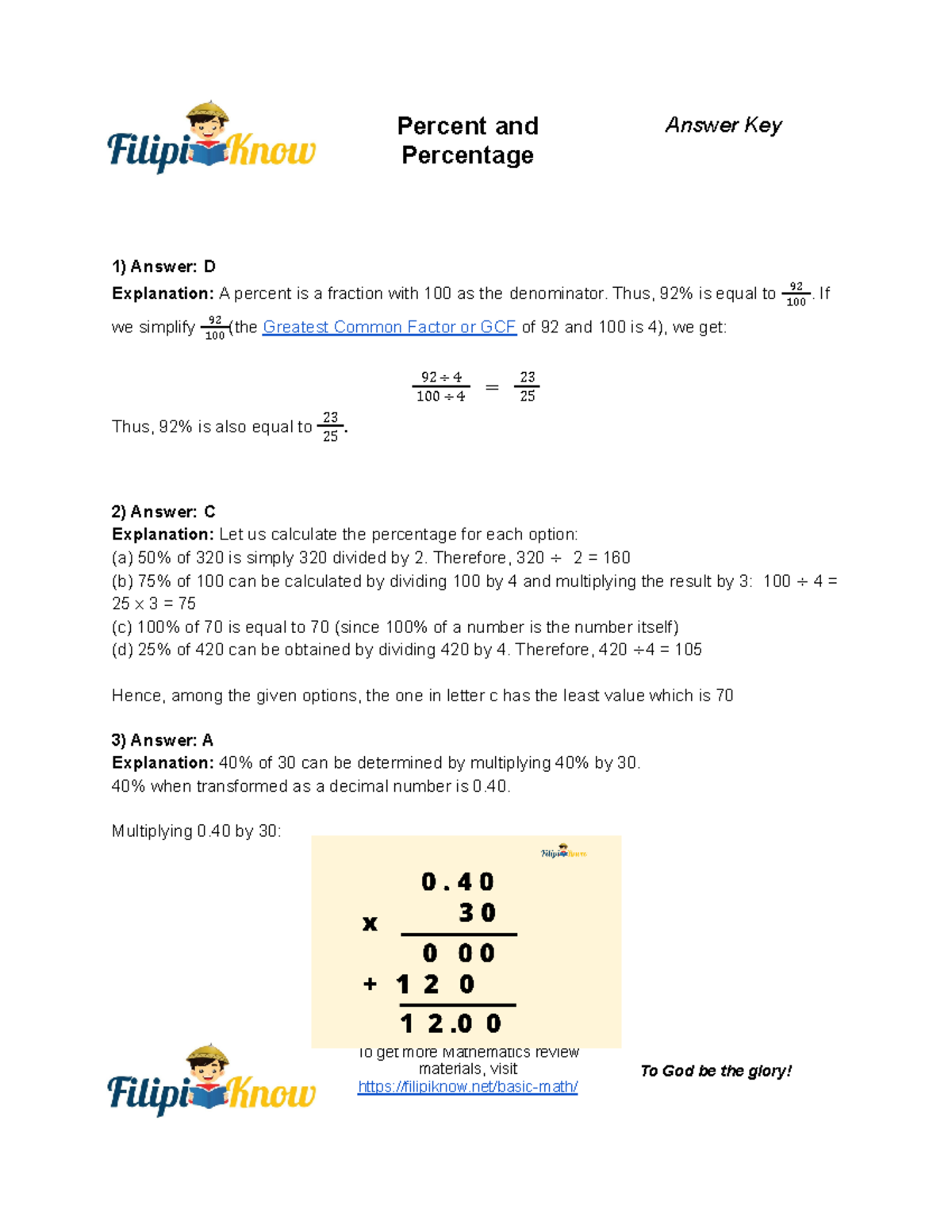 Percent-Answer-Key - study well - Percent and Percentage Answer Key 1 ...