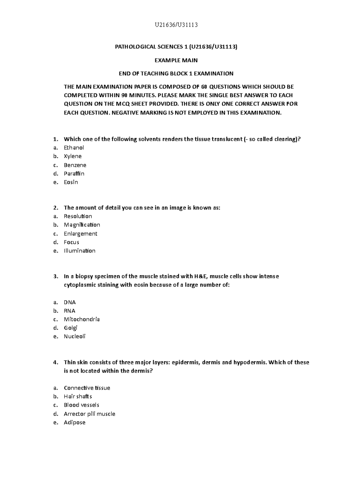 Sample Exam Paper - PATHOLOGICAL SCIENCES 1 (U21636/U31113) EXAMPLE ...