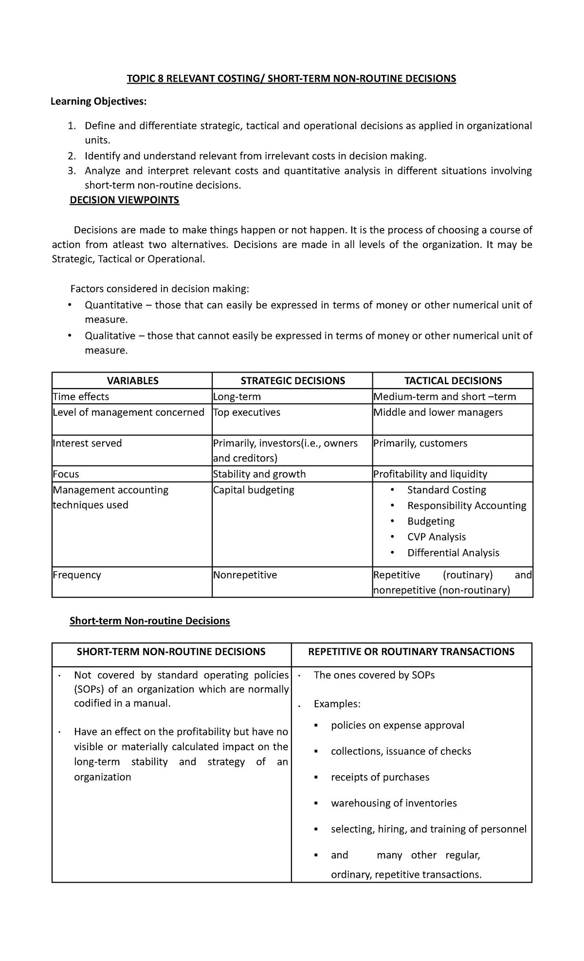 Topic 8 Relevant Costing - TOPIC 8 RELEVANT COSTING/ SHORT-TERM NON ...