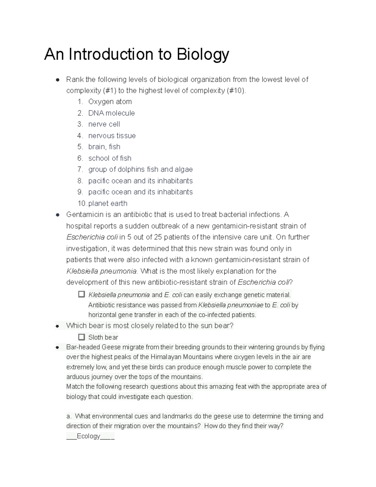 BIOL chapter 1 post lectuer - An Introduction to Biology Rank the ...