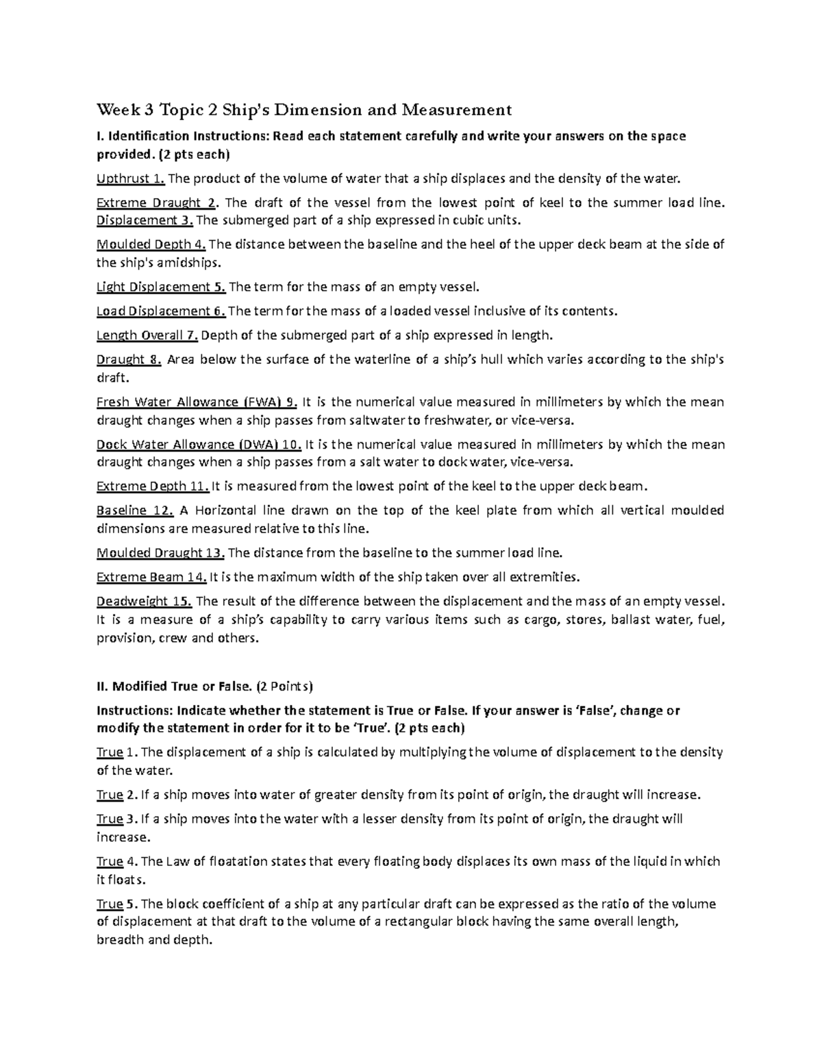Week 3 Ship's Dimension and Measurement Week 3 Topic 2 Ship’s