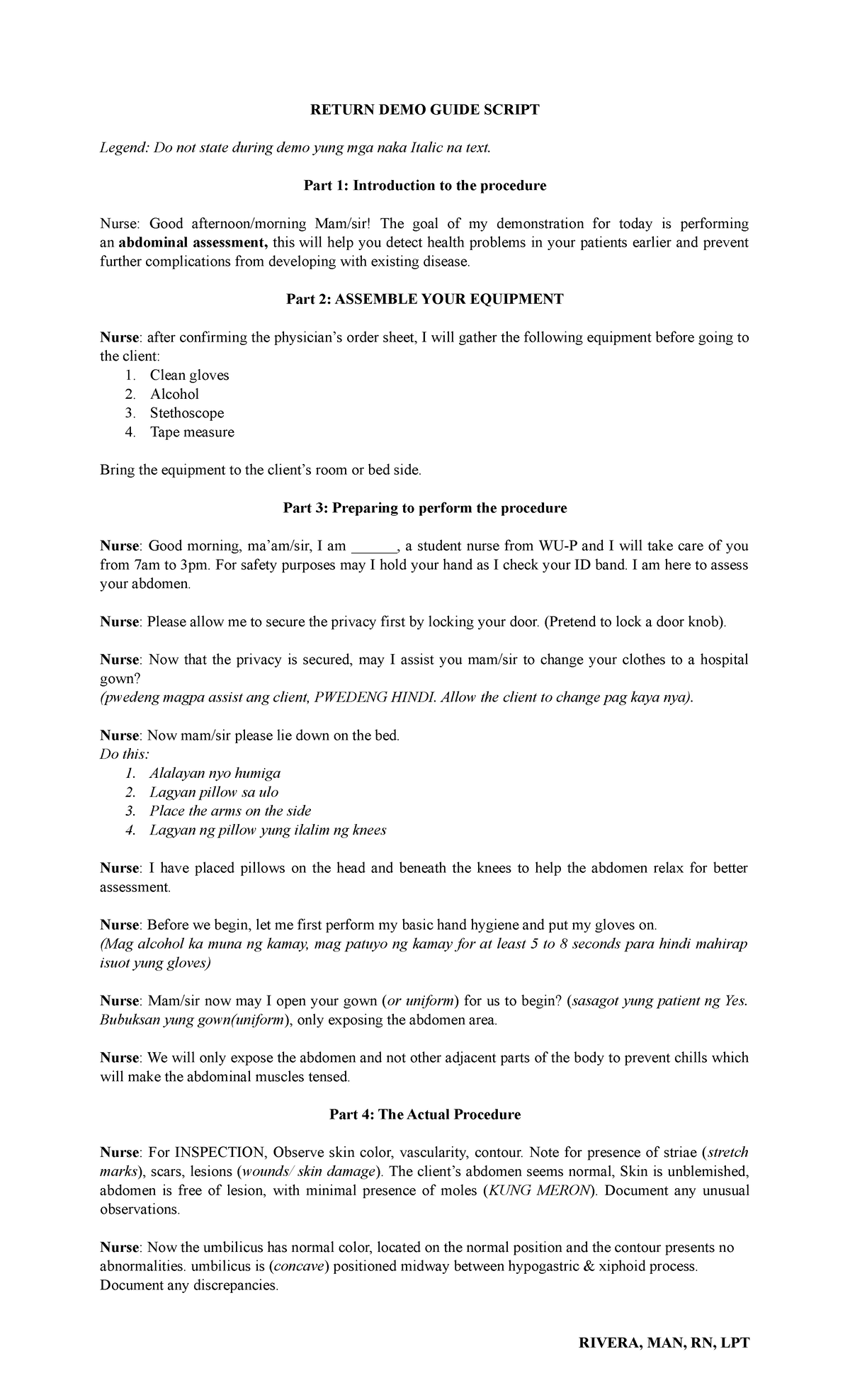 Abdominal-Assessment-Guide - RETURN DEMO GUIDE SCRIPT Legend: Do not ...