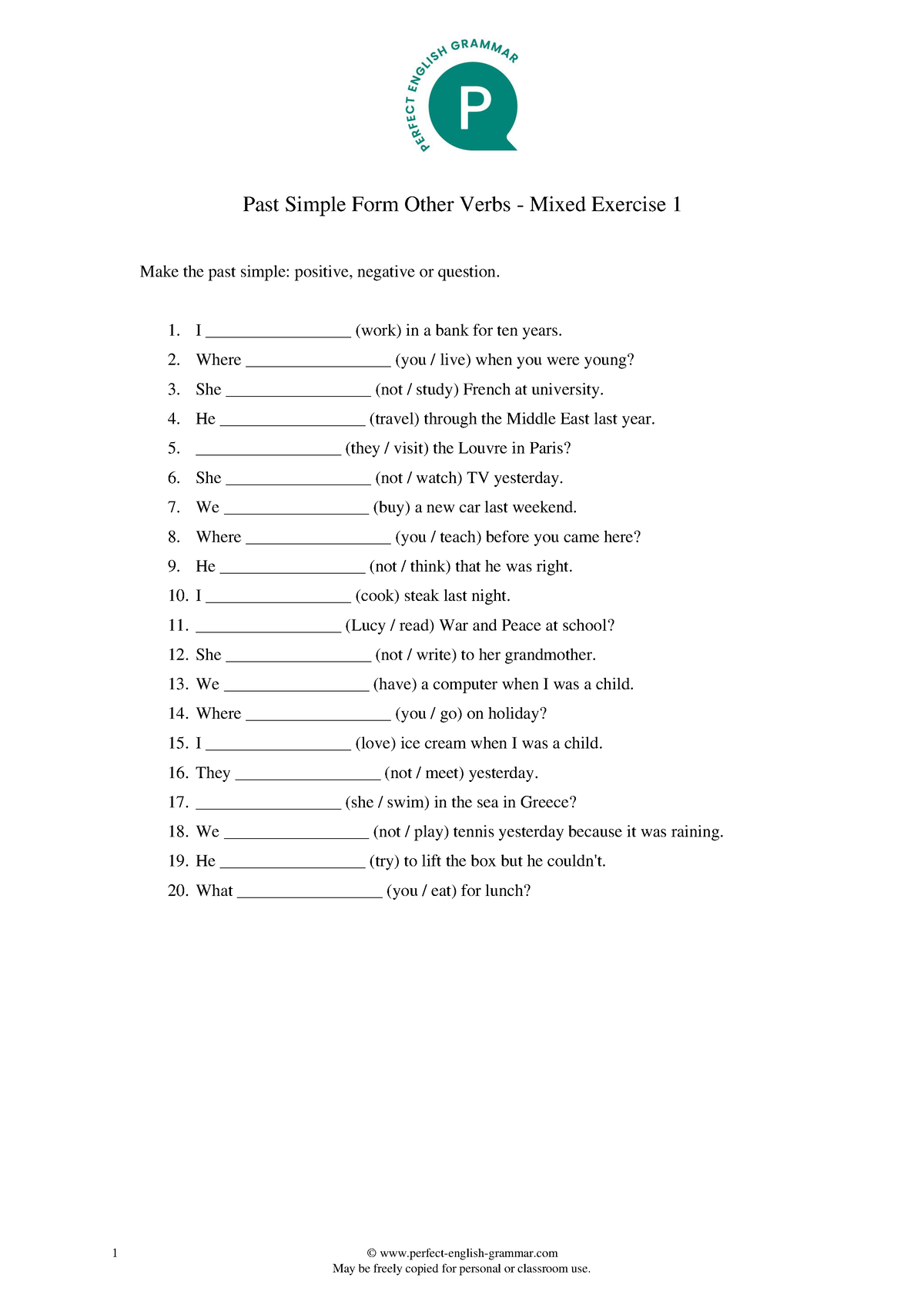 Past Simple Form With Other Verbs Mixed Exercise 1 1 Perfect 