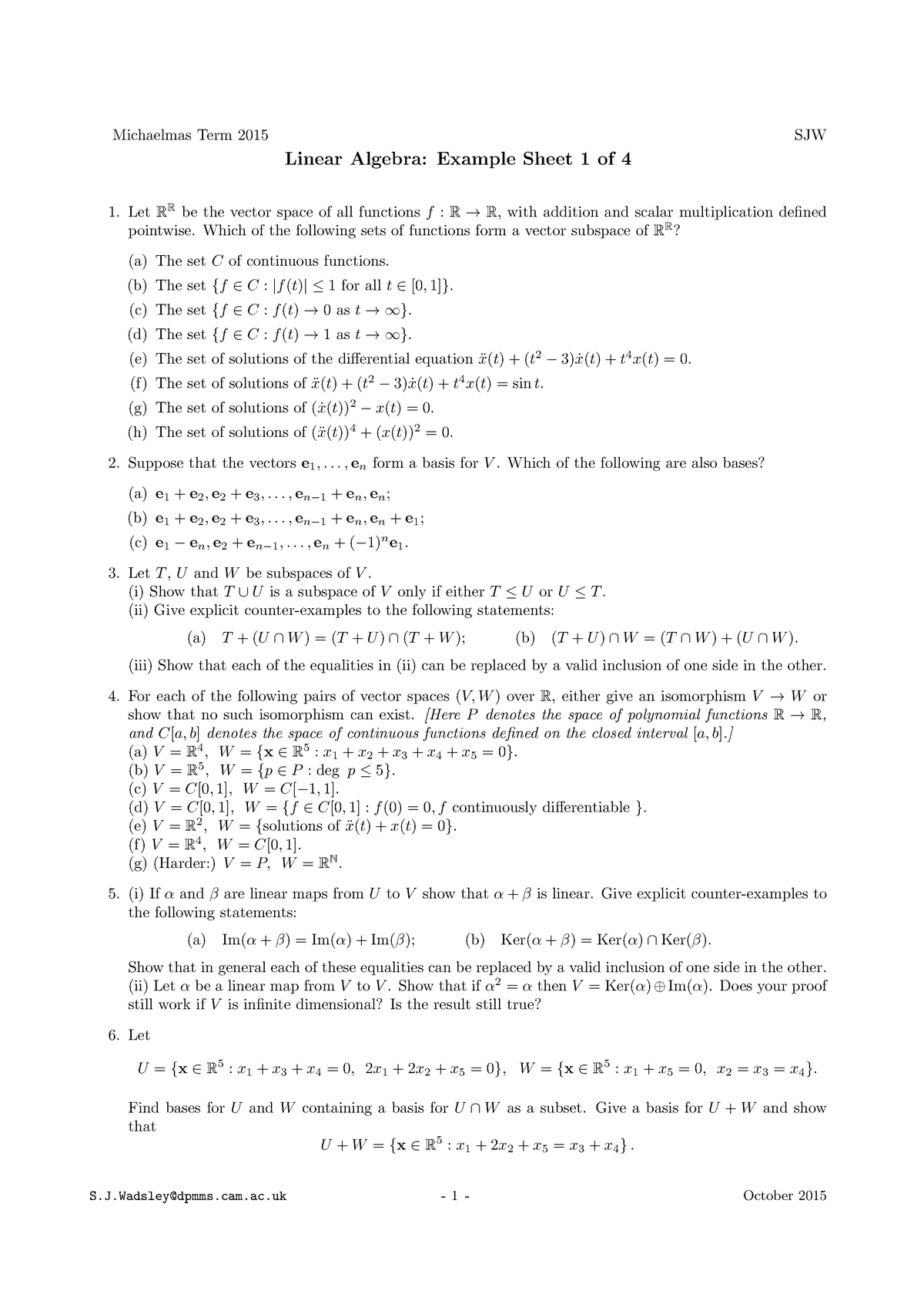 Linear Algebra Questions - Michaelmas Term 2015 SJW Linear Algebra ...