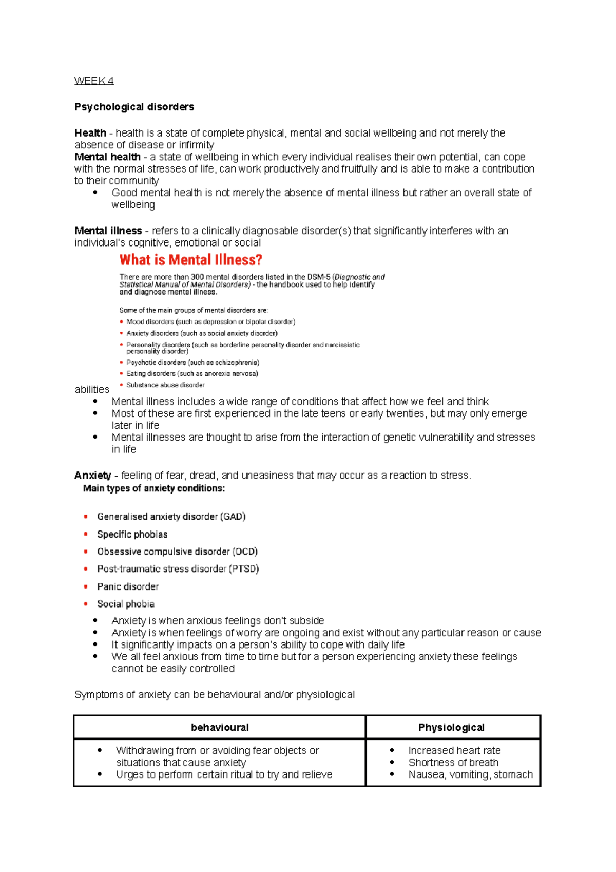 PHE1IDH WEEK 4 - week 4 notes - WEEK 4 Psychological disorders Health ...