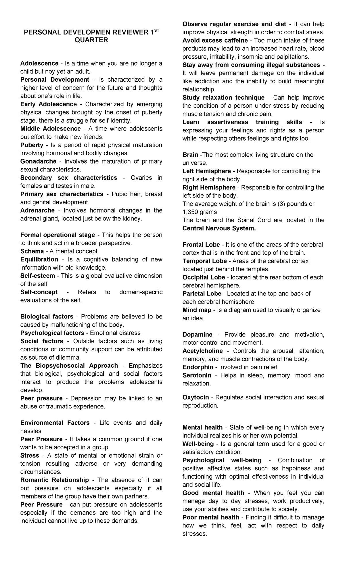 PD 1ST QTR reviewer - PERSONAL DEVELOPMEN REVIEWER 1ST QUARTER ...