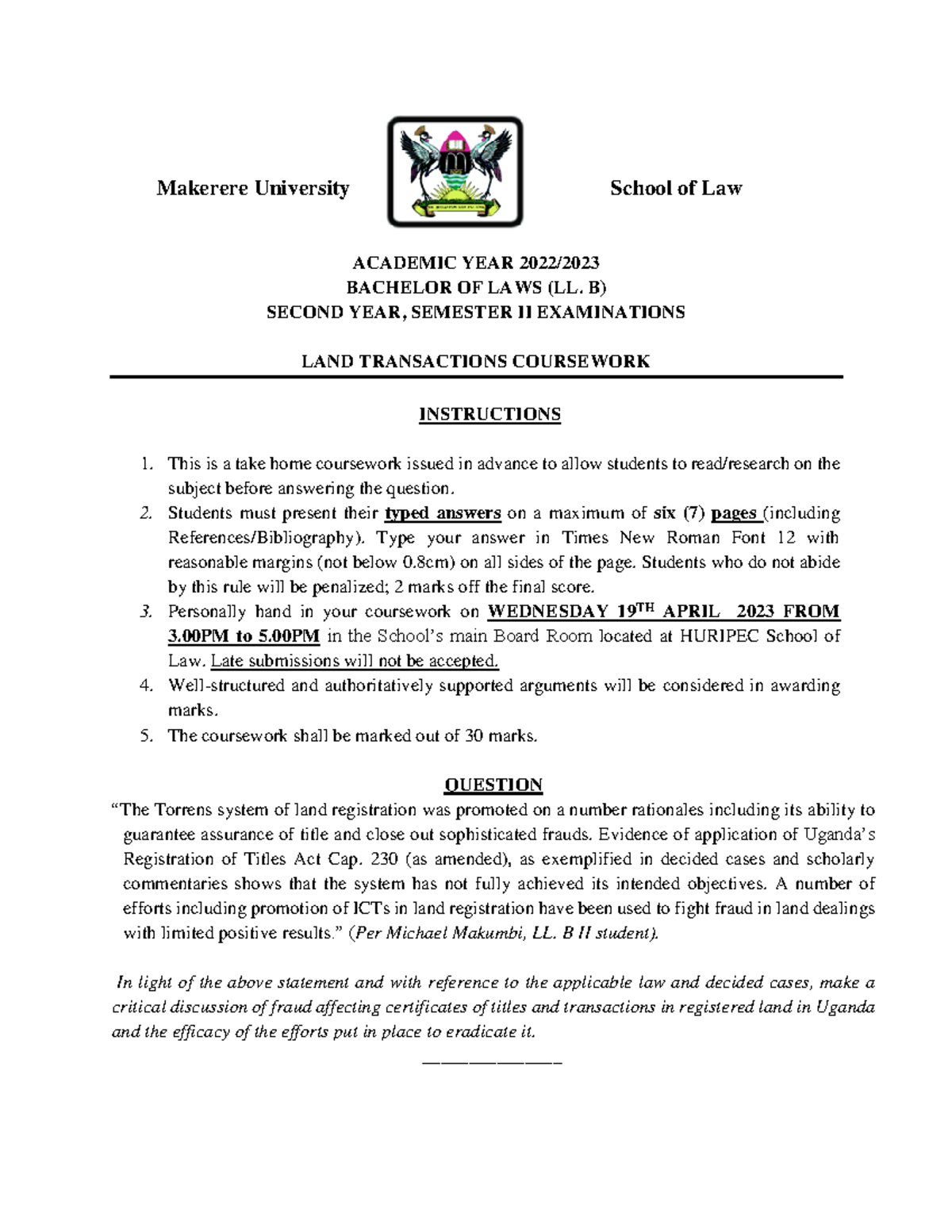 Land Transactions coursework March 13 Makerere University School of