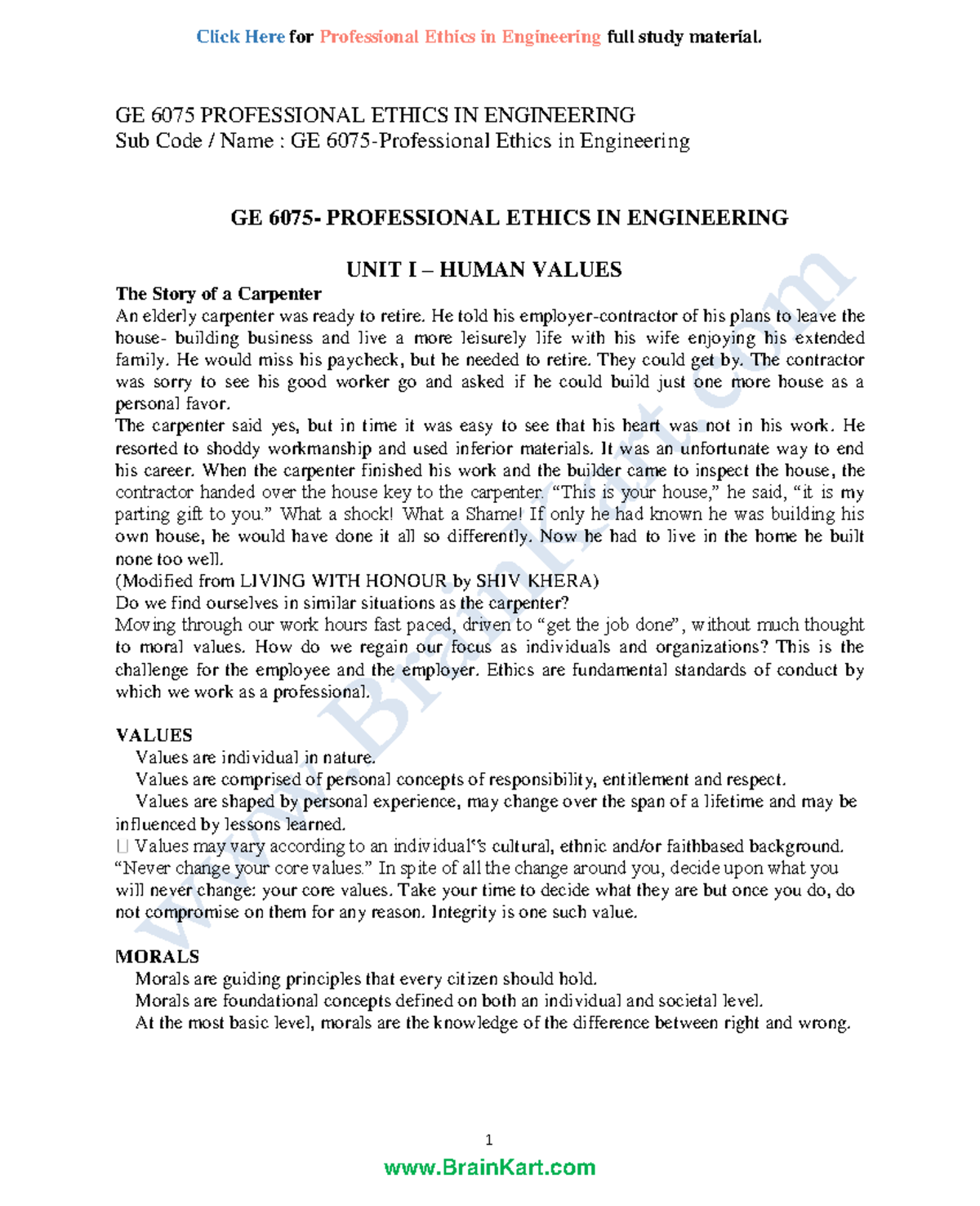 182 - GE8076, GE6075 Professional Ethics in Engineering - Notes - 1 GE ...