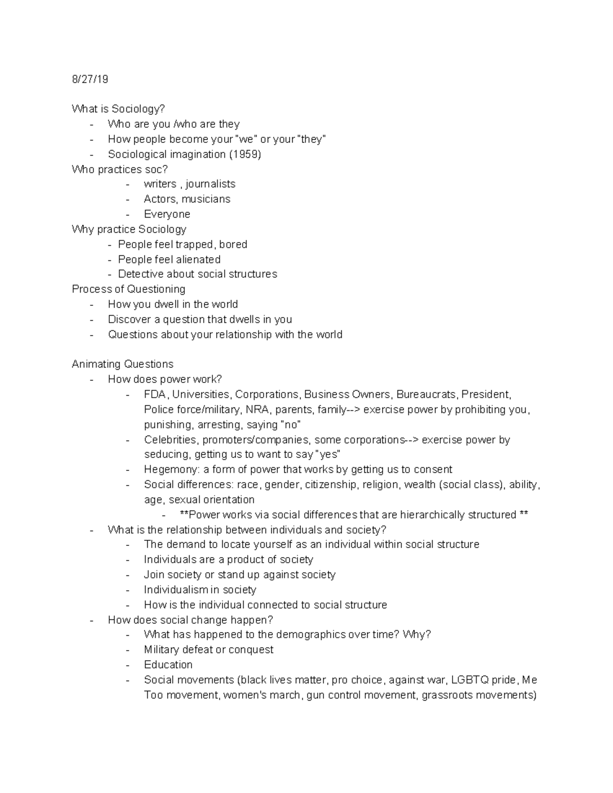 Unit 1 - Lecture notes from Professor Jackie Orr's SOC 101 class - 8/27 ...