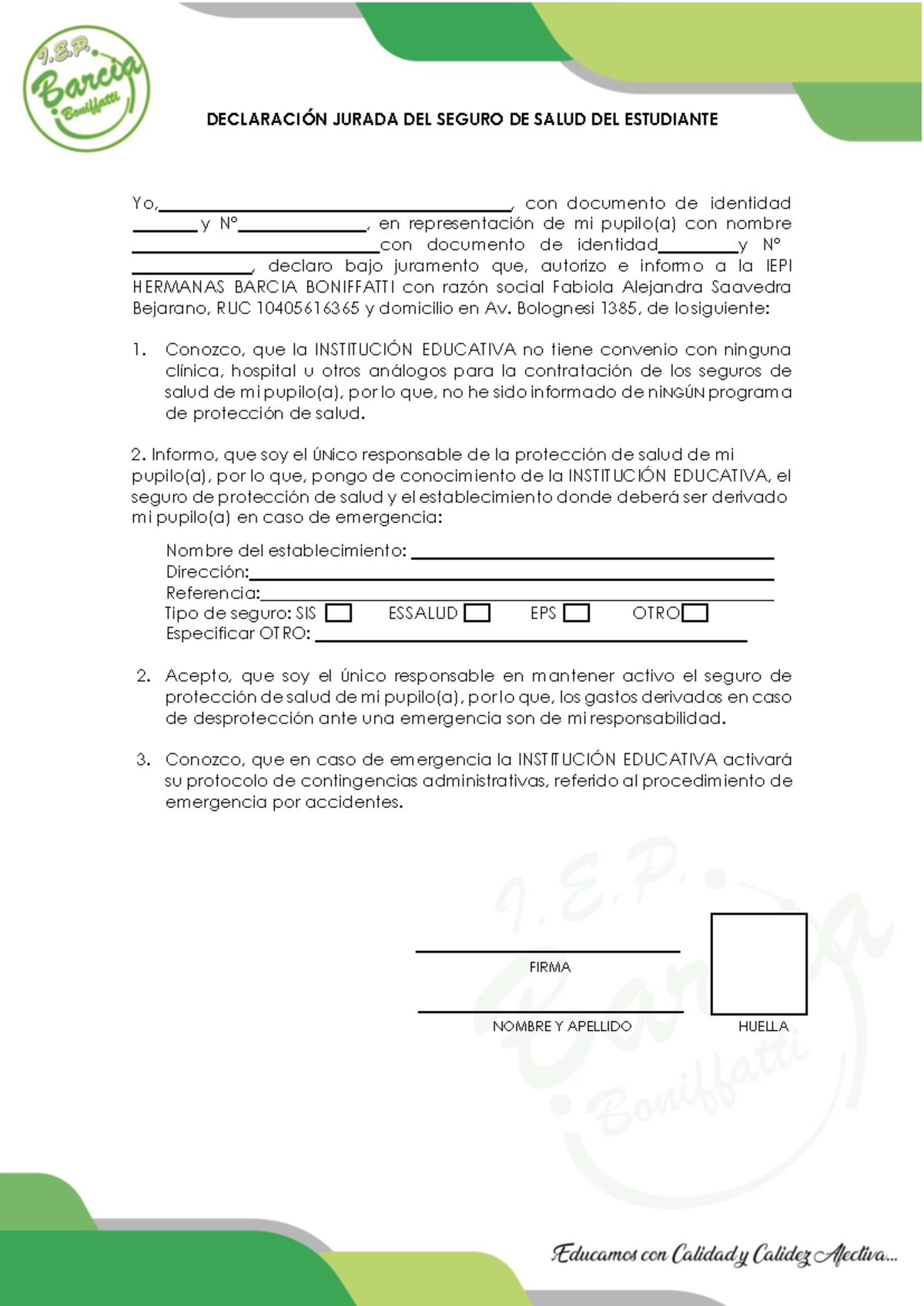 Declaracion Seguro De Salud Del Estudiante Inicial - DECLARACI”N JURADA ...