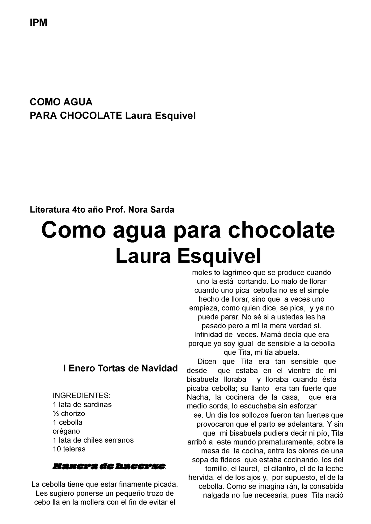 Como agua para chocolateIPM Literatura 4TO IPM COMO AGUA PARA