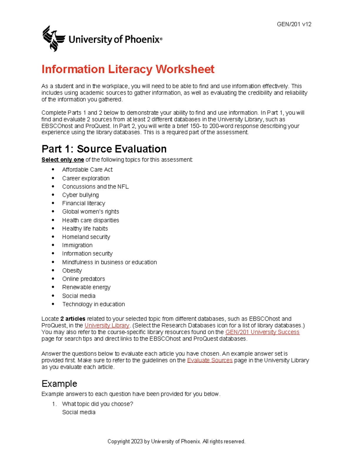 Week 4 Assignment Worksheet - GEN/201 V Information Literacy Worksheet ...