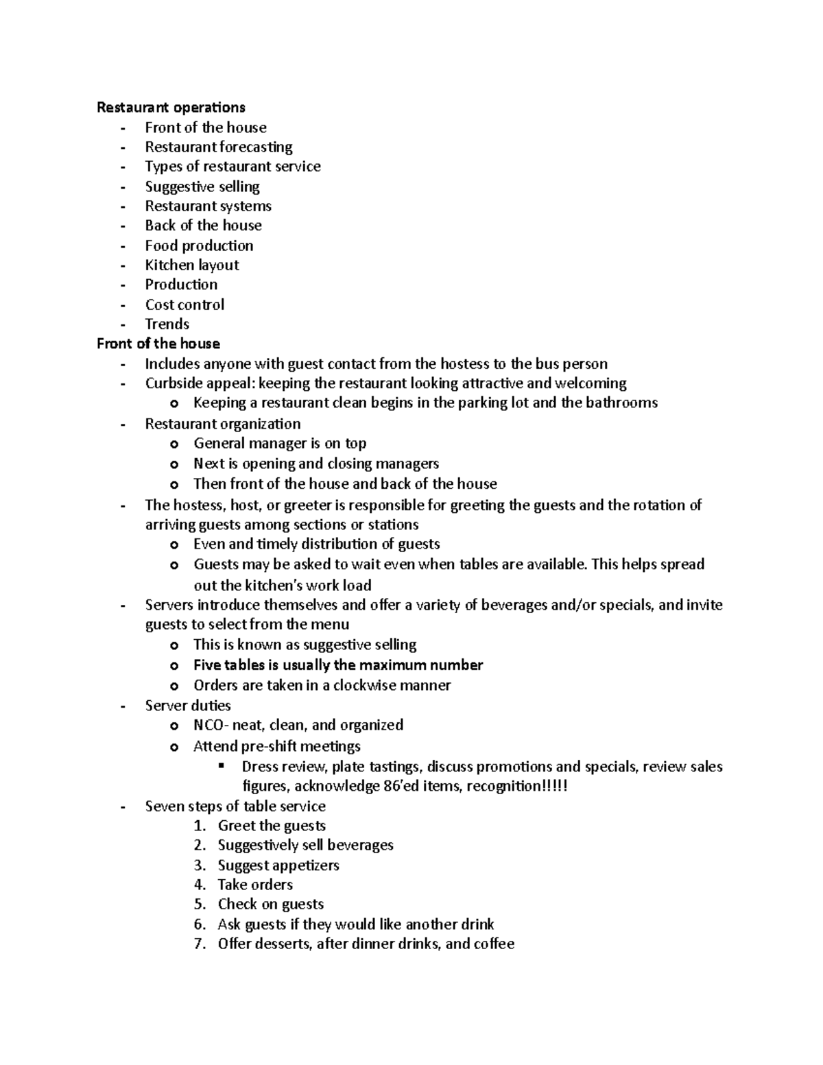 Chapter 7 - Lecture notes 7 - Restaurant operations - Front of the ...