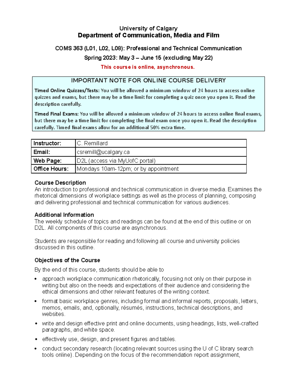 Course Outline Spring 2023 - University of Calgary Department of