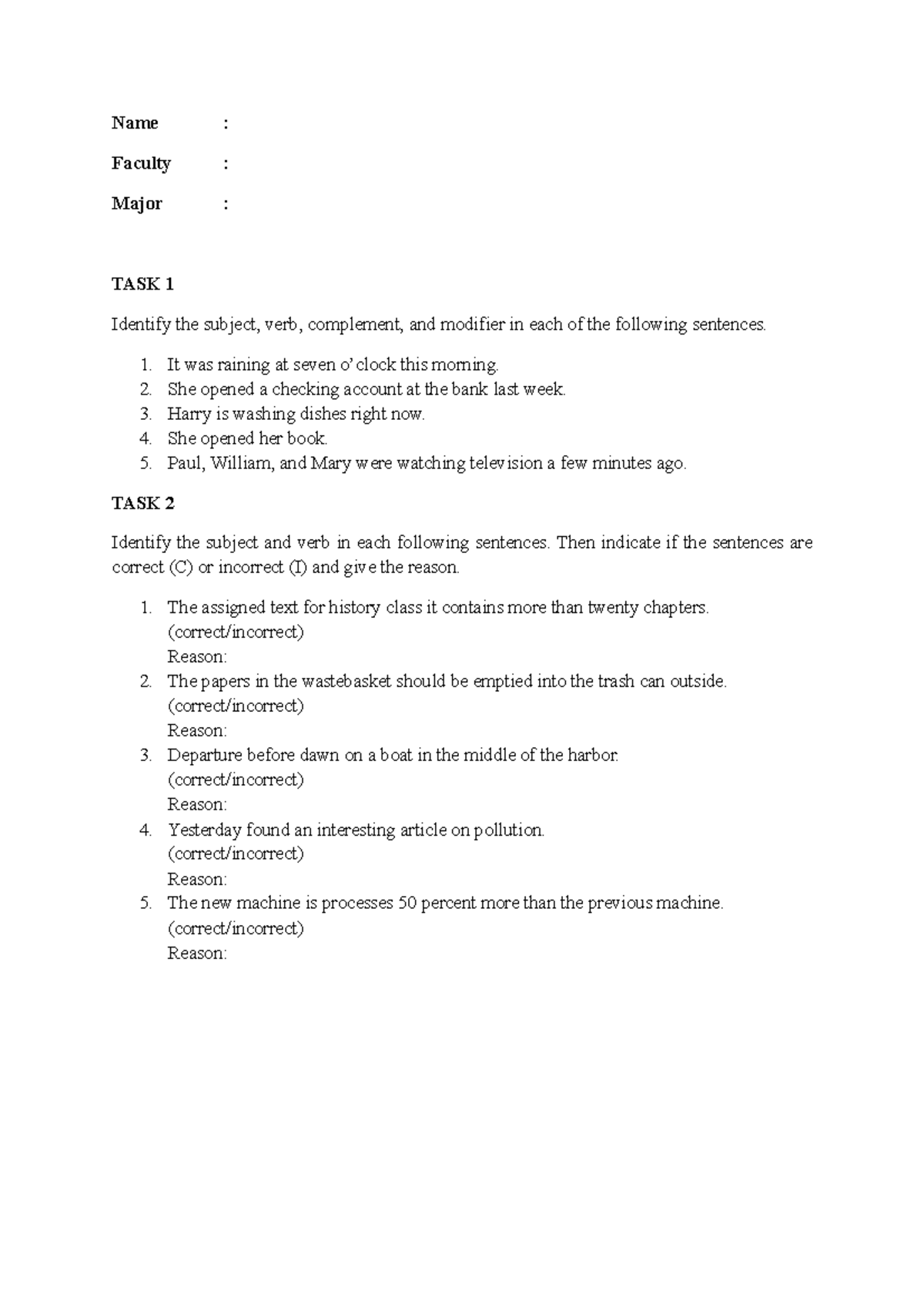 Assignment 1 sentence pattern in english name faculty major task 1 